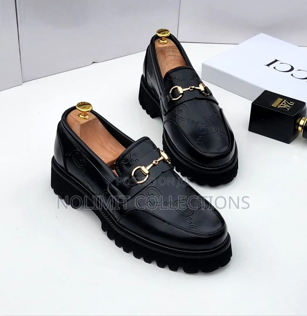 Black Plain Leather Gucci Patterned Loafers