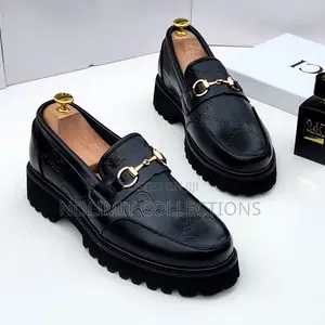 Black Plain Leather Gucci Patterned Loafers