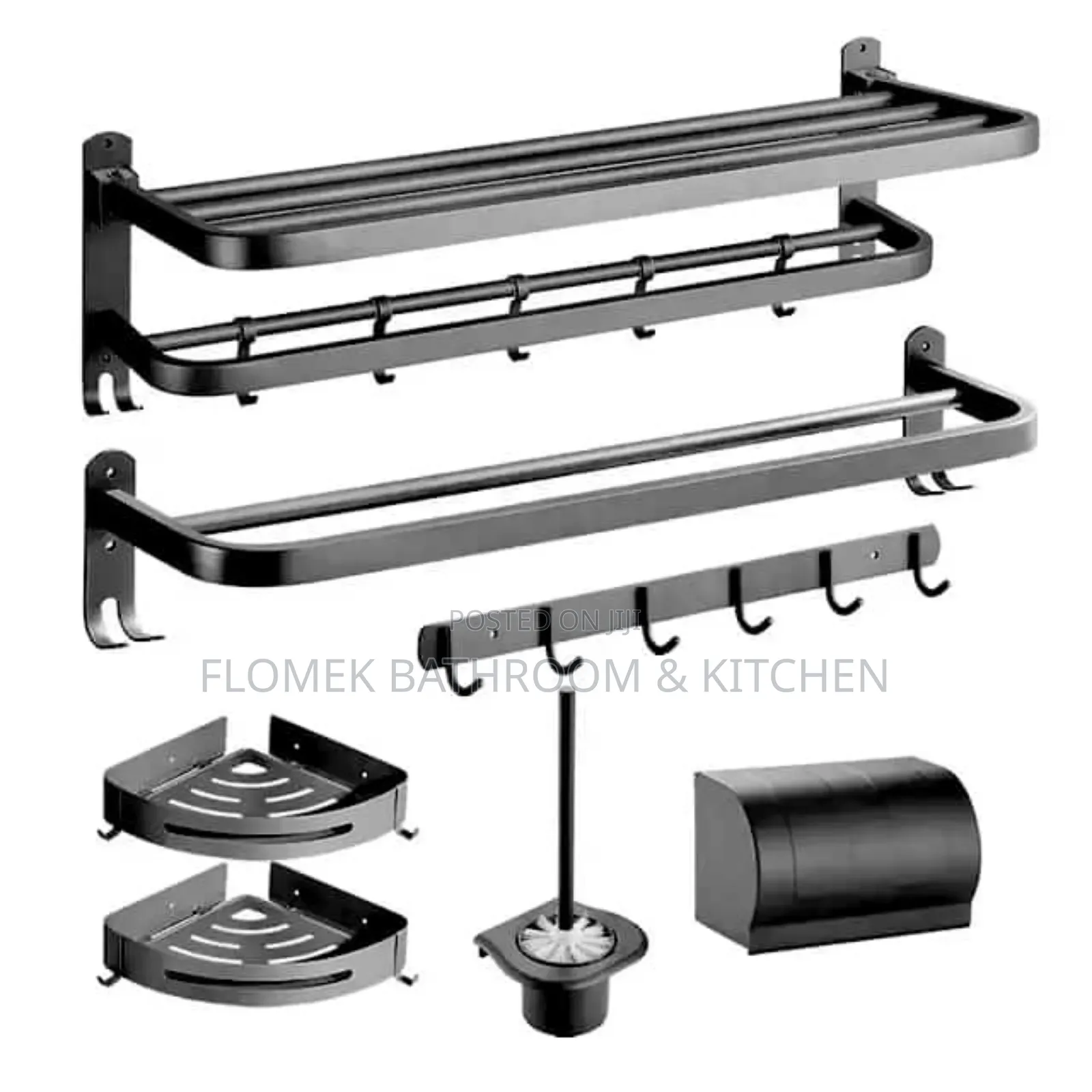 Complete 6-piece Matte Black Bathroom Organizer Set.
