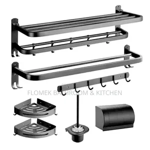 Complete 6-piece Matte Black Bathroom Organizer Set.