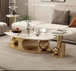 White Marble Centre Table With Gold Accent and Stool