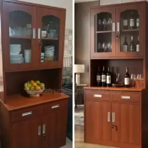 Two-Tier Wooden Cabinet With Glass Doors and Multi-Section Storage