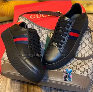 New Gucci Ace Gg Monogram Black Leather. Bumper Sole——Shoe•