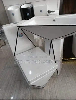 Angular Toilet and Pedestal Sink Set White Black Geometric Design