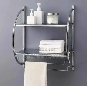 Wall Mount 2 Tier Bathroom Shelf With Towel Bars Metallic