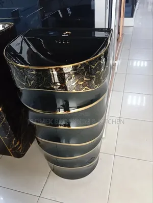 Luxury Black & Gold Pedestal Wash Basin – Premium Designer Sink