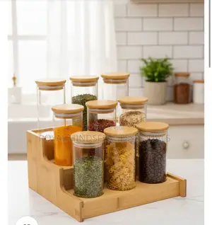 Glass Spice Storage Containers With Bamboo Lid and Rack