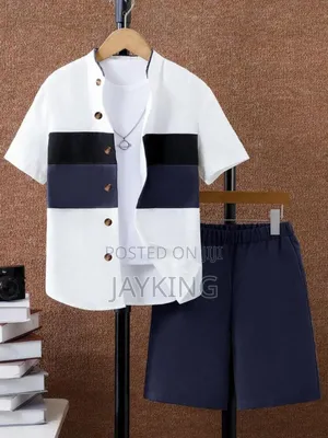 High Quality White Shirt With a Touch of Black and Navy Blue Short