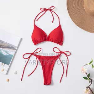 Sexy Women Thong Solid Color Bikini Set Side Halter Tie Swimsuit