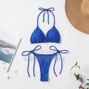 Sexy Women Thong Solid Color Bikini Set Side Halter Tie Swimsuit