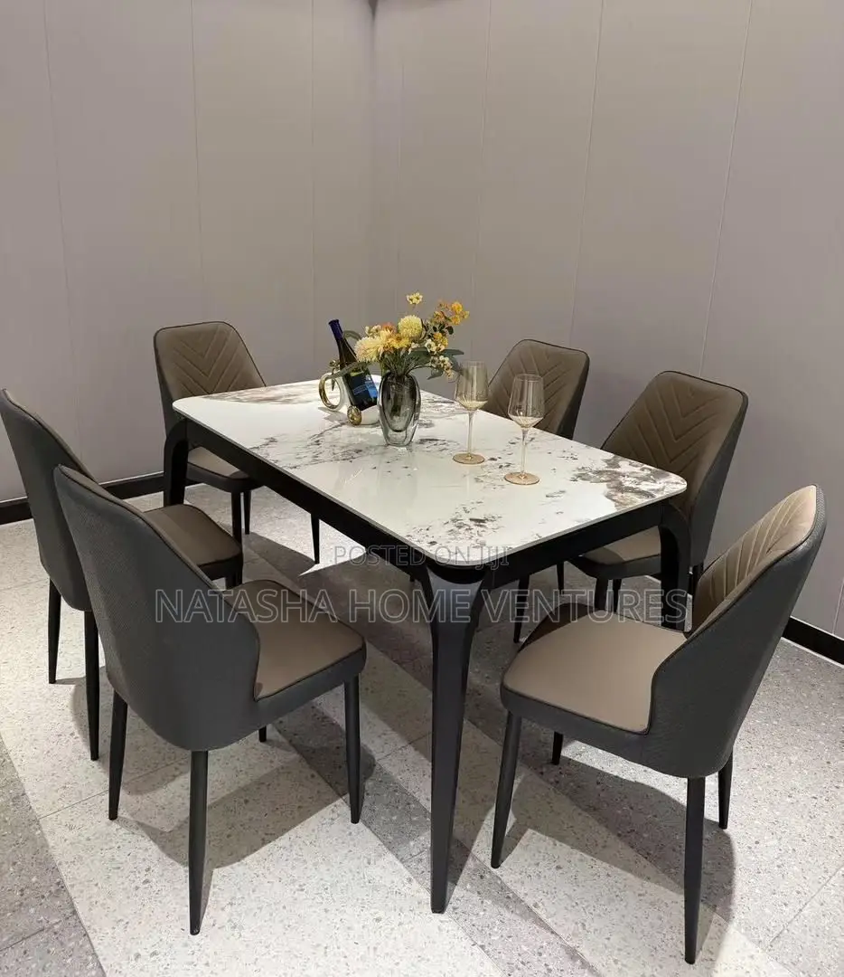 Rectangular Marble-Top Dining Set + 6 Chairs
