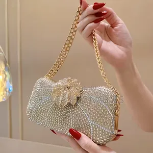 Luxury Stone Set Flower Clasp Gold Clutch Purse
