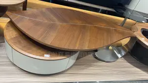 Modern Leaf-Shaped Center Table With Walnut Wood Finish Metal Base
