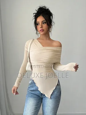 Asymmetric Shoulder Long Sleeve Pleated Top