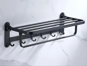 Matte Black Double Layer Bathroom Towel Rack With Hooks