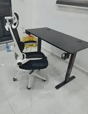 White and Black Office Chair and Adjustable 1.4 Meter Office Table