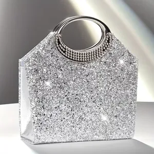 Glittery Round Handle Silver Clutch Purse