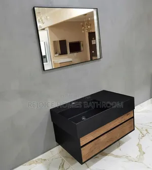 Luxury Floating Black and Oak Bathroom Vanity Cabinet With Mirror