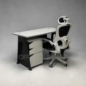 A Set of Office Table ( White Gray) Egornomic Office Chair