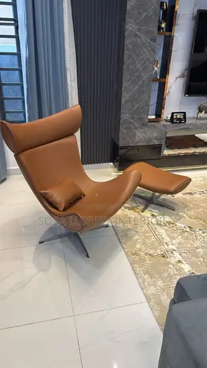 Brand New Brown Leather High Back Lounge Chair With Ottoman