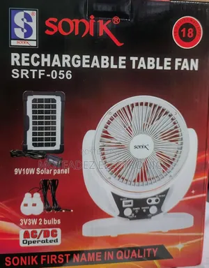 Sonik 6" Solar Rechargeable Table Fan With 2 Bulbs and Solar Panel