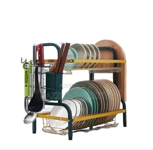 2 Steps Dish/Plate Drainer Rack - Green and Gold Colour