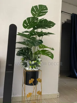 Artificial Monstera Plant With Stylish Gold Stand and Black Pot
