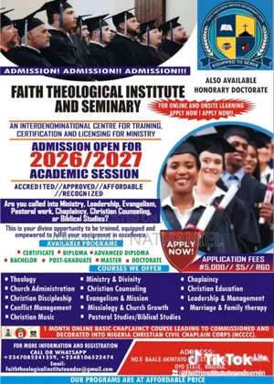 Admission Is Ongoing at Faith Theological Institute and Seminary Fatis