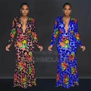 New Sexy Deep v Neck High Stretch Print Bodycon Long Sleeve Prom Dress