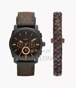 Fossil Machine Chronograph Dark Brown Leather Watch and Bracelet Set