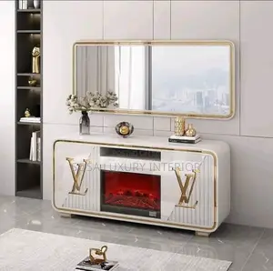 Brand New Luxury Beige Bentley Tv Console With Electric Fireplace