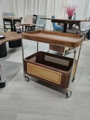 Walnut Wood Rattan Bar/Kitchen Trolley Cart