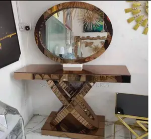 Rose Gold Mirrored Console Table With Oval Mirror