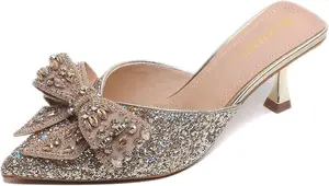 Adkgbe Women's Sparkling Rhinestone Bow Kitten Heels