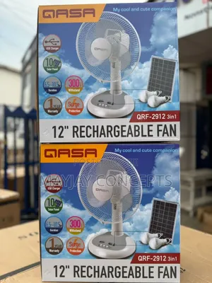 Qasa 12” Rechargeable Solar Fan With Solar Panel|2-bulbs|Usb Charger
