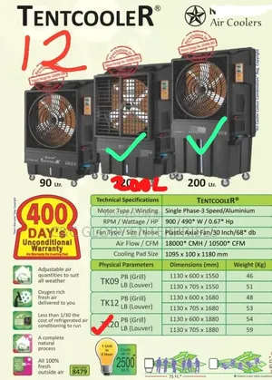 Tent Water Evaporative Aircooler 200litres, With Grill or Louvre Cover