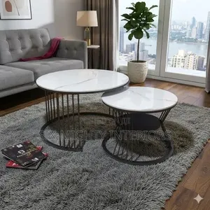 Luxury Nesting Coffee Table Set - Round White Marble Top With Black