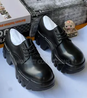 Black Plain Leather Derby Shoe With Chunky Platform Soles
