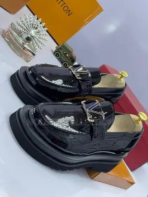 Black Louis Vuitton Glossy Leather Loafers With Black Platform Soles