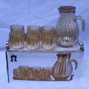 Pumpkin Shape Amber Glass Pitcher With 6 Glass Cups and Tray
