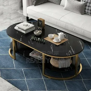 Modern 2-Tier C Table With Enginered Wooden Top Gold Metal Frame 120cm