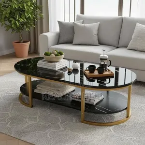 Modern 2-Tier C Table With Enginered Wooden Top Gold Metal Frame 120cm