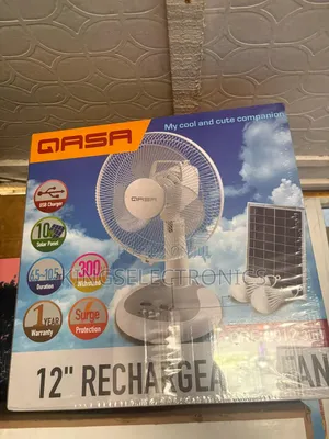 12" Qasa Rechargeable Fan With Panel and Bulb