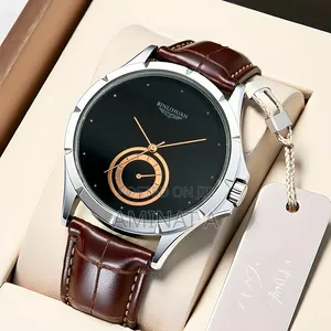 Brown Leather Strap Black Gold Face Unique Men’S Wrist Watch With Case