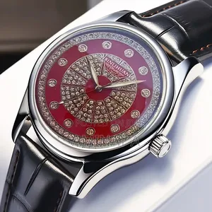 Red Crystal Dial Leather Strap Unique Men’S Wrist Watch With Case