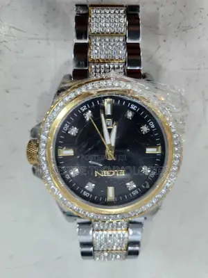 Elgin Adult Men's Silver and Crystal Round Case Watch With Gold Bezel