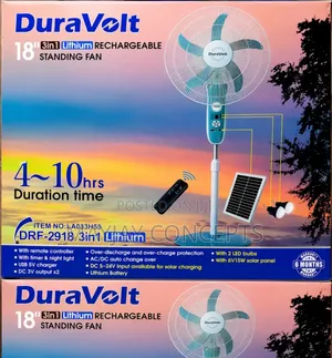 18” Duravolt Solar Lithium Rechargeable Fan + Remote + Led Bulbs