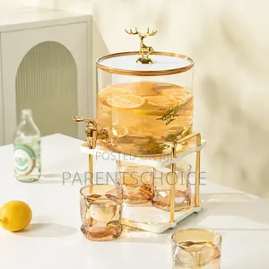 Glass Drink Gold Dispenser With 4 Cups and Stand- 3.6l