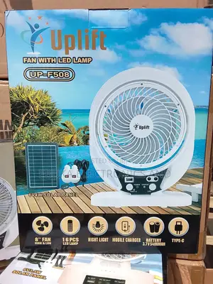 8 Inches Rechargeable Table Fan With Solar Panels and 2 Bulbs Inside
