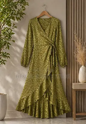Elegant Olive Green Wrap Dress – Long Sleeve Ruffle Hem